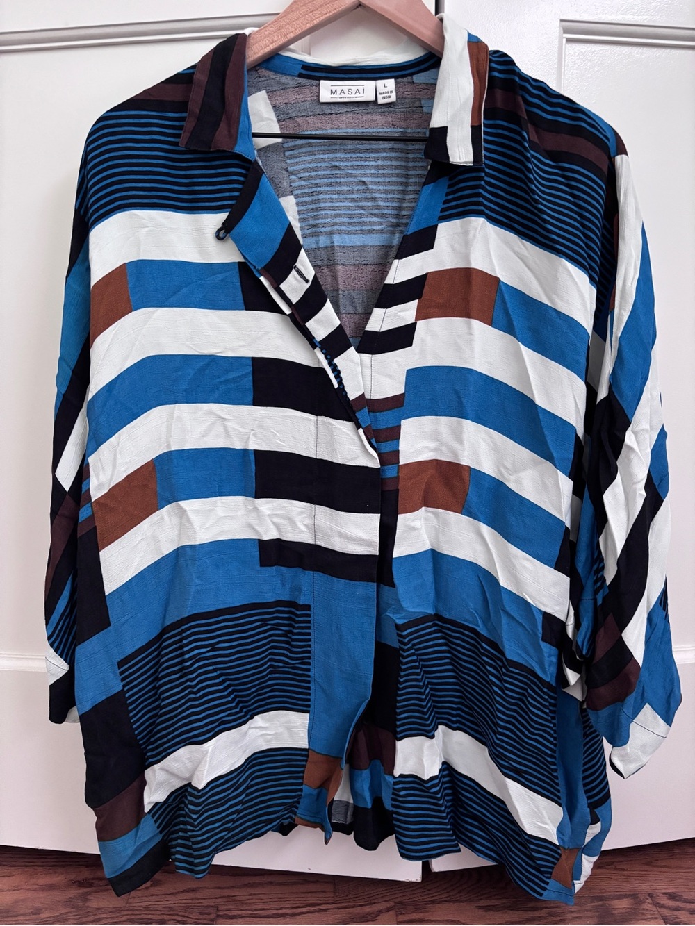 Masai Blue and White Striped Mix-Color Button-Front Blouse